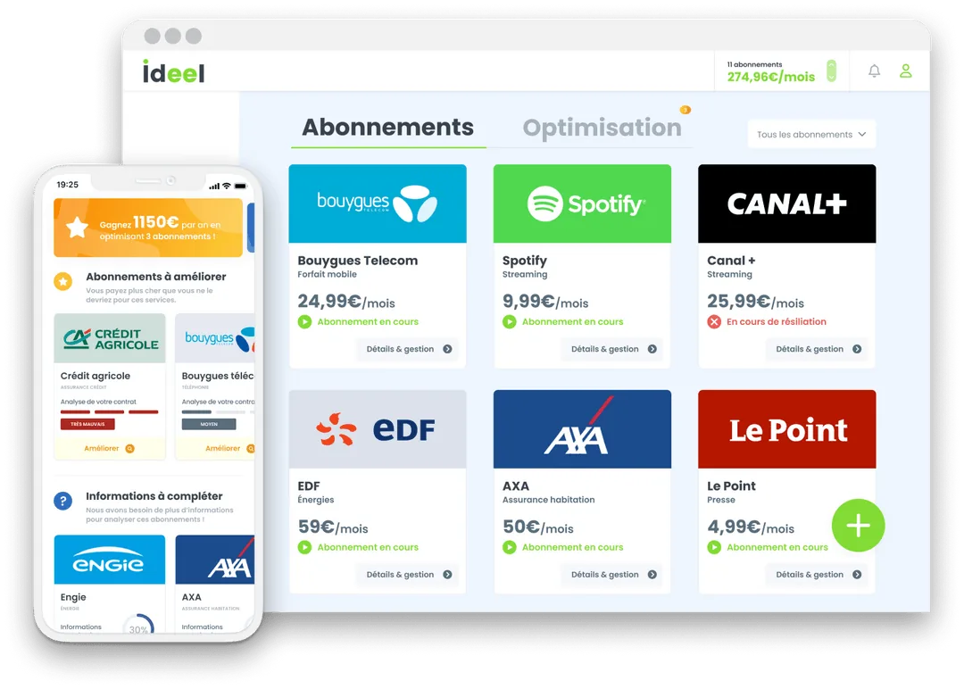 L'application Ideel : tableau de bord des abonnements du foyer et de leur optimisation.